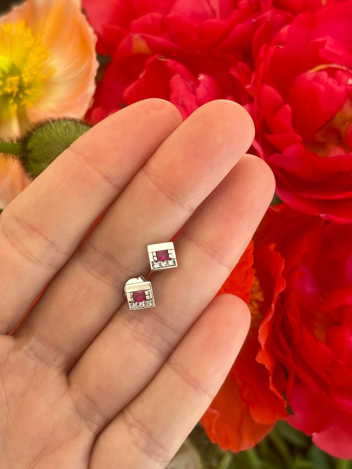 ESTATE 18CT WHITE GOLD, RUBY AND DIAMOND EARRINGS