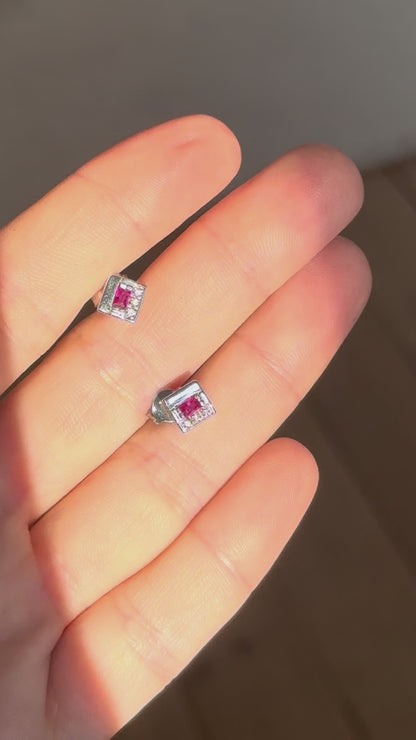 ESTATE 18CT WHITE GOLD, RUBY AND DIAMOND EARRINGS